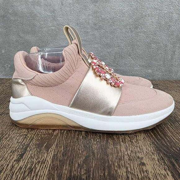 Karl Lagerfeld Charlee Slip On Sneakers 8 Gold Blush Pink Stretch Knit Crystals - Picture 7 of 16